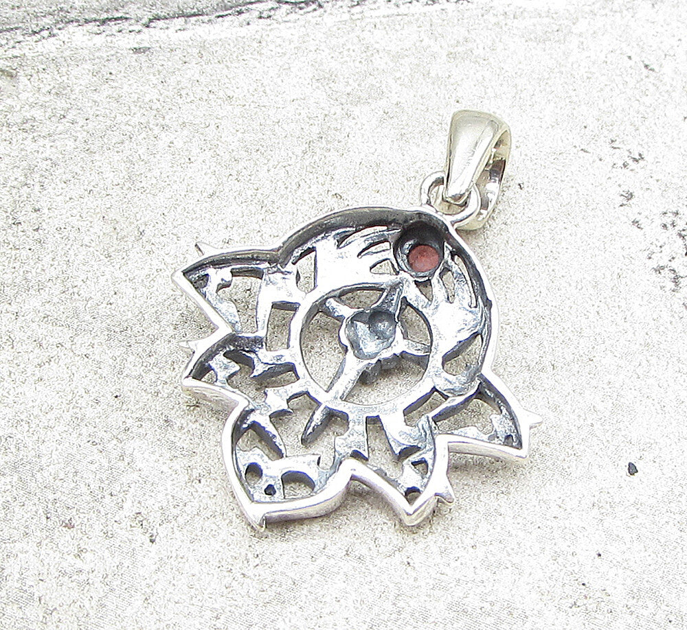 925 Sterling Silver  Vintage Red Garnet Skull Dagger Drop Pendant  PT1419