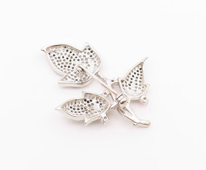 925 Silver  Vintage Cubic Zirconia & Black Spinel Floral Brooch Pin  BP8882