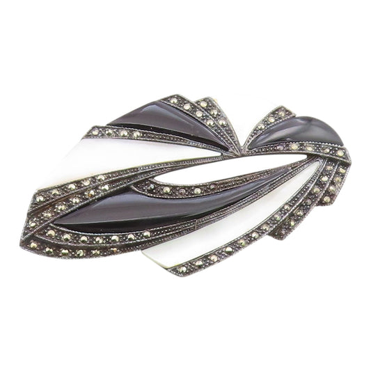925 Silver  Vintage Black Onyx Mother Of Pearl & Marcasite Brooch Pin  BP3951