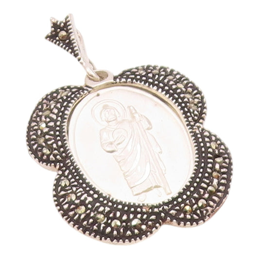 925 Sterling Silver  Vintage Marcasite Religious Medal Pendant  PT20108