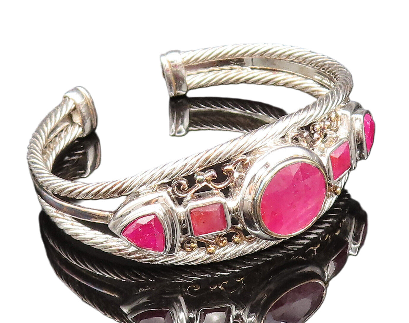 925 Silver  Vintage Two Tone Multi Shape Ruby Openwork Cuff Bracelet  BT9782