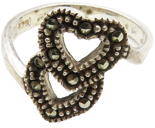 925 Sterling Silver  Vintage Marcasite Love Hearts Band Ring Sz 6  RG13669