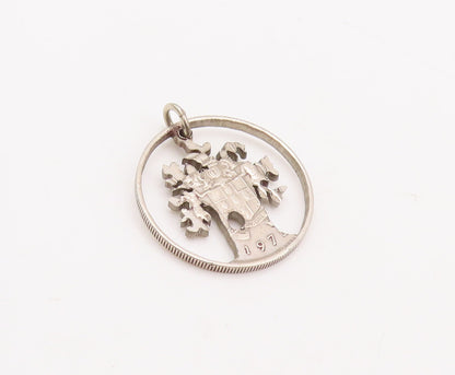 925 Sterling Silver Vintage Pendant Round Framed Solid Cutout Coin Tree  PT23157