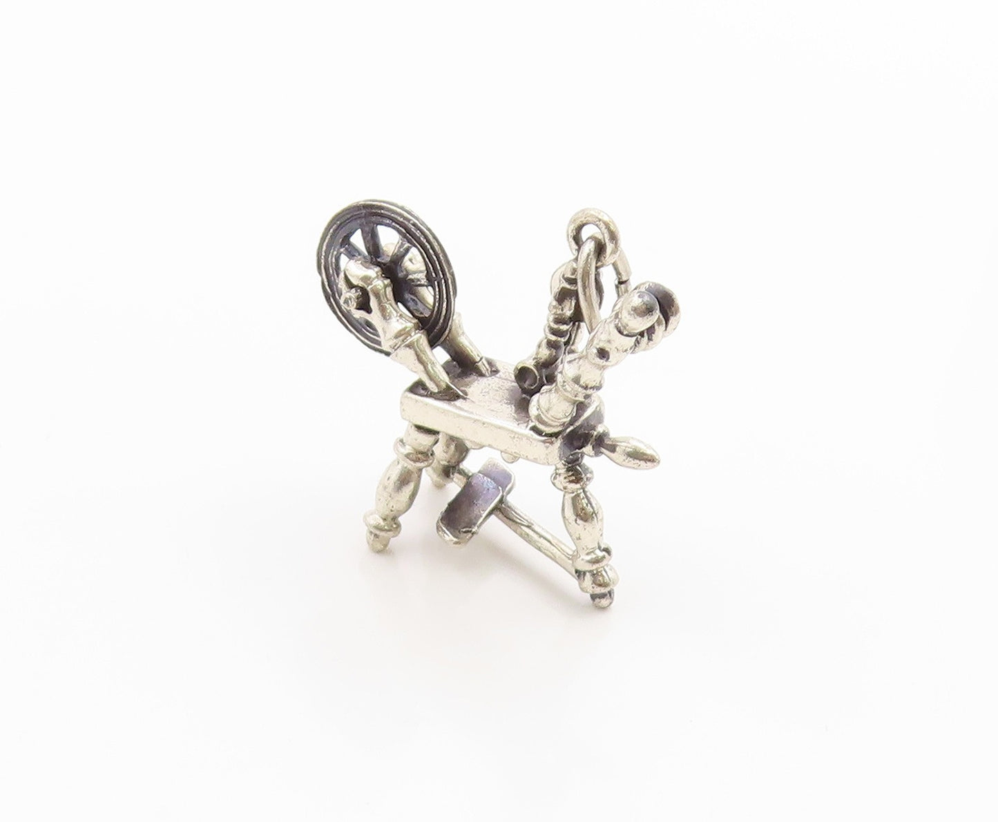 925 Sterling Silver Vintage Pendant Etched Yarn Spinning Machine Charm  PT26152