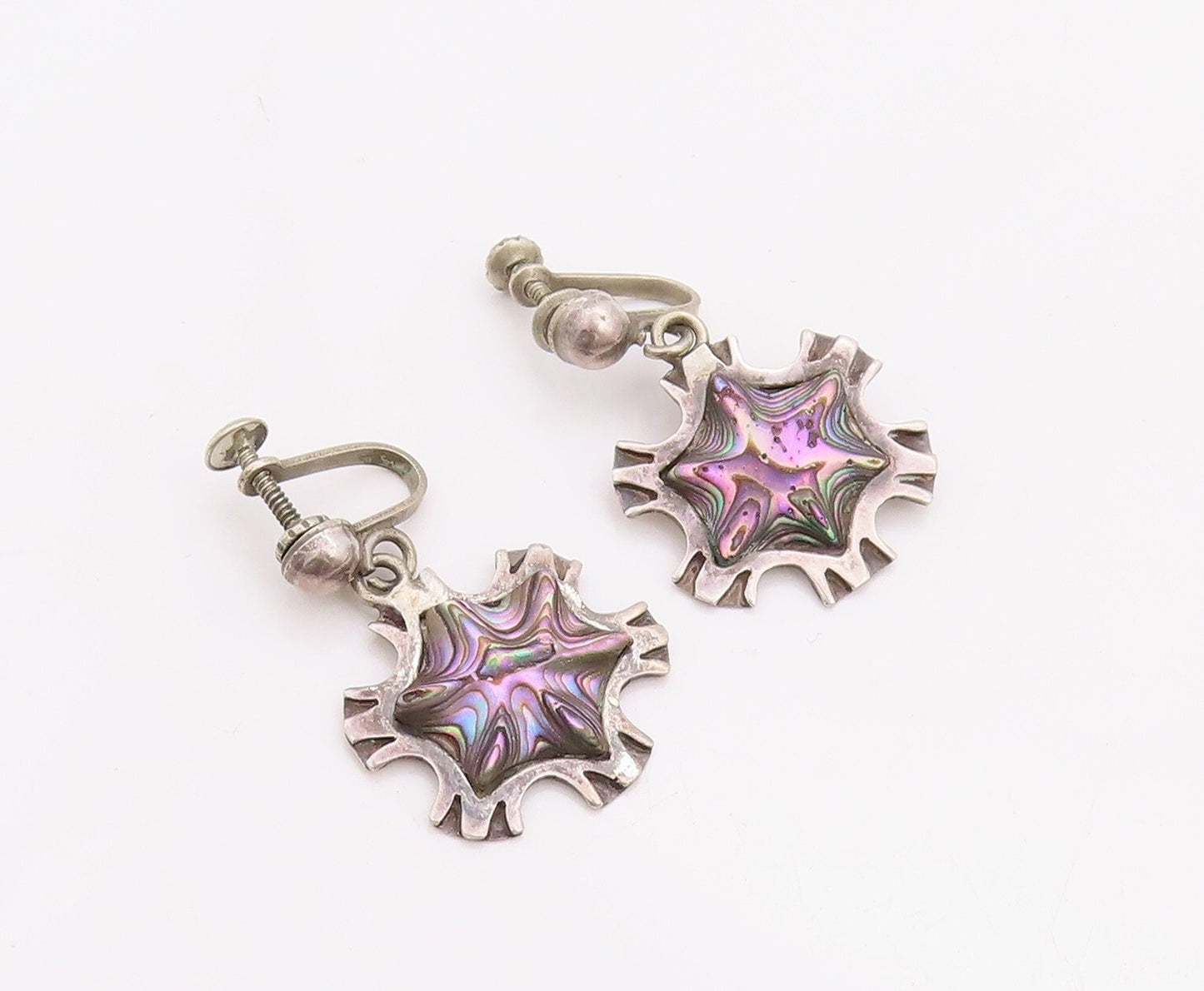 925 Sterling Silver Vintage Earrings MEXICO Abalone Carved Snow Flake  EG13178