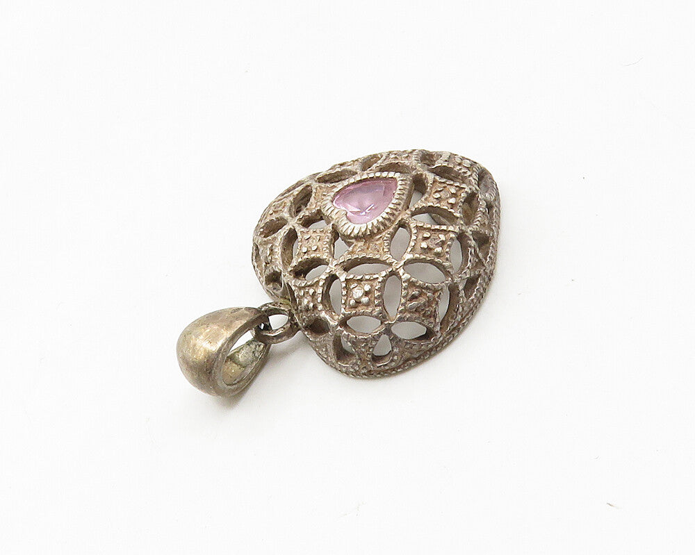 925 Sterling Silver  Vintage Pink Topaz Love Heart Dome Pendant  PT14205