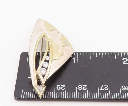 14k Gold & 925 Sterling Silver Vintage Brooch CZ Geometric Abstract Pin  BP12069
