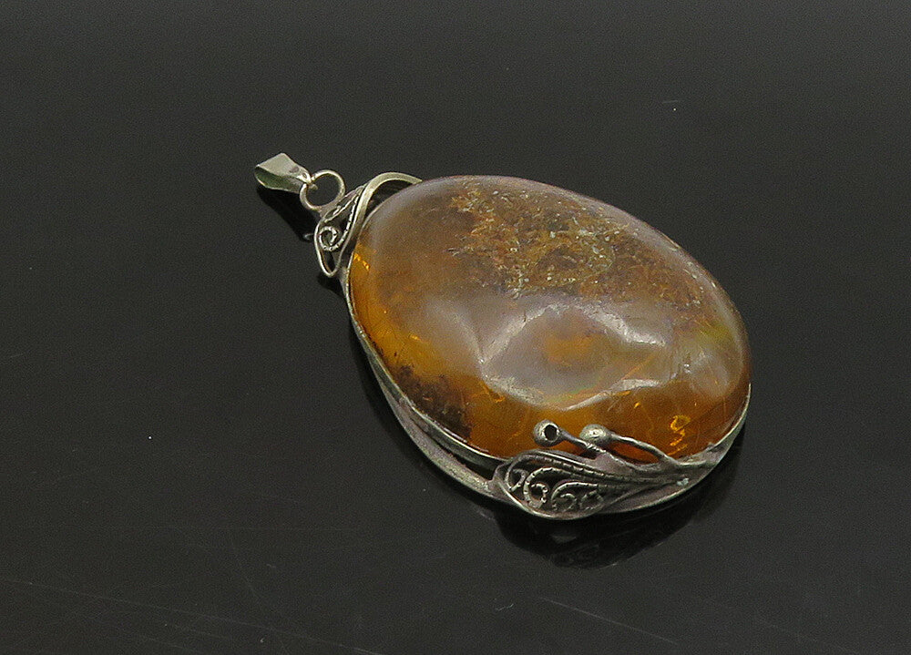 925 Sterling Silver  Vintage Cabochon Cut Tear Drop Amber Pendant  PT18778