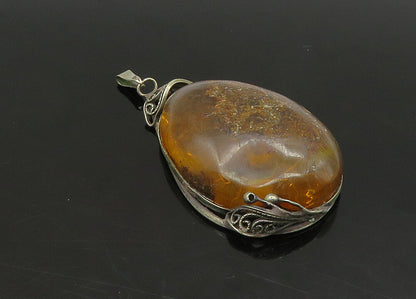 925 Sterling Silver  Vintage Cabochon Cut Tear Drop Amber Pendant  PT18778