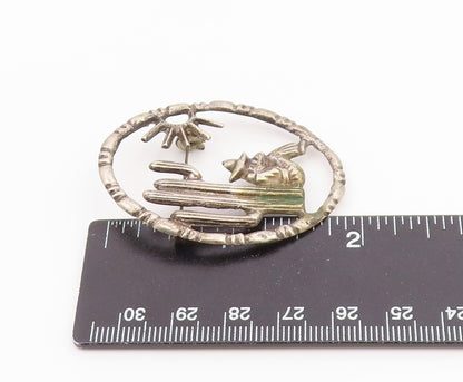 MEXICO 925 Silver  Vintage Man & Cactus Desert Scene Oval Brooch Pin  BP4729