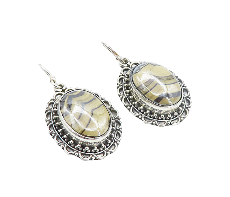 925 Sterling Silver  Vintage Agate With Hematite Oval Dangle Earrings  EG3274