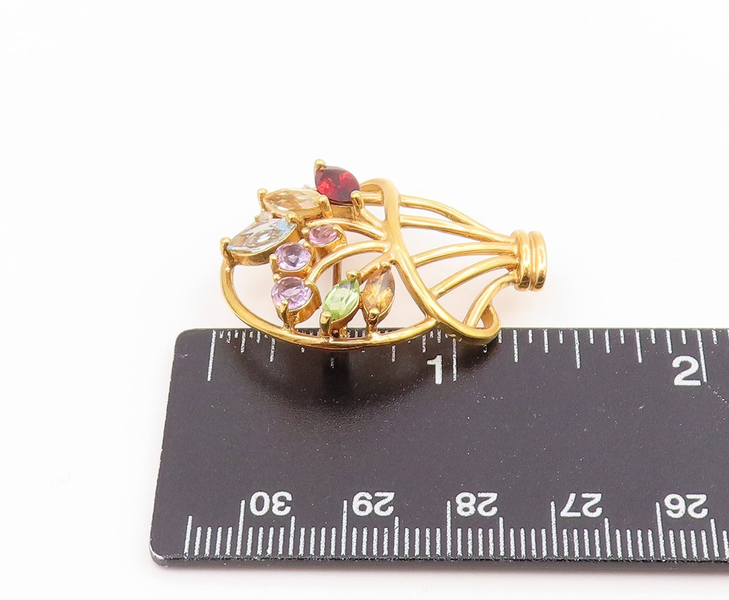 925 Sterling Silver Vintage Brooch Gold Plated Gemstone Floral Basket  BP12412