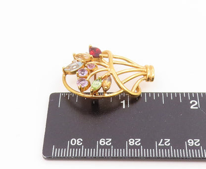 925 Sterling Silver Vintage Brooch Gold Plated Gemstone Floral Basket  BP12412