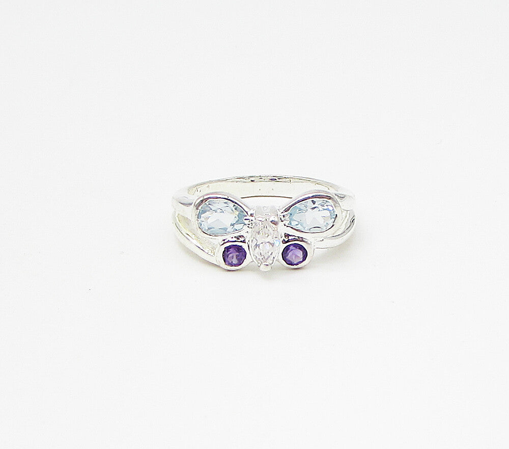 925 Sterling Silver Multi Colored Gemstones Butterfly Band Ring Sz 7 RG3513