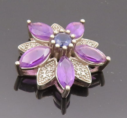 925 Sterling Silver Vintage Pendant Cutout Diamond & Amethyst Flower  PT22728