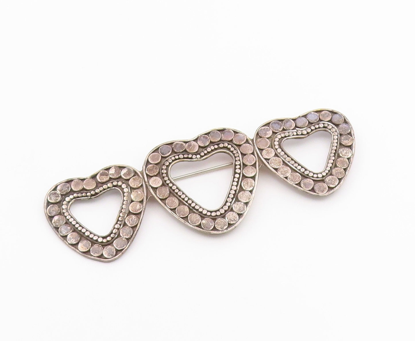 925 Sterling Silver Vintage Brooch Pin Beaded Cutout Linked Love Hearts  BP10736