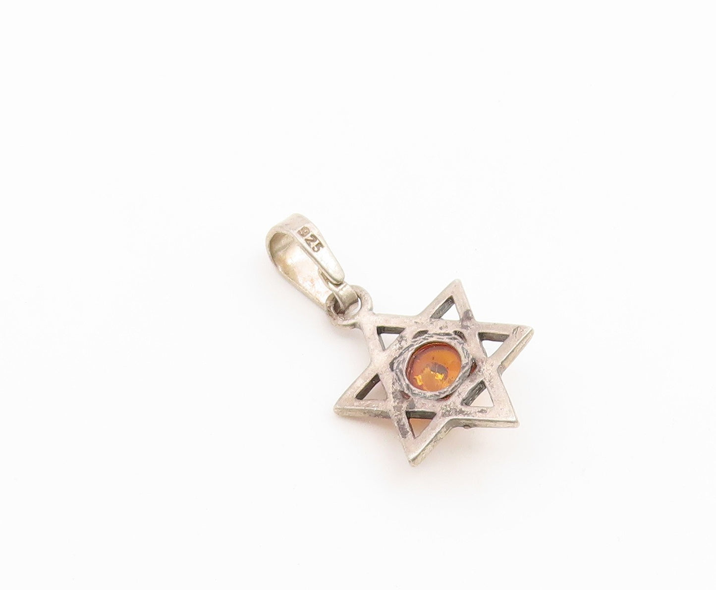 925 Sterling Silver Vintage Pendant Cabochon Amber Star of David Charm  PT26652