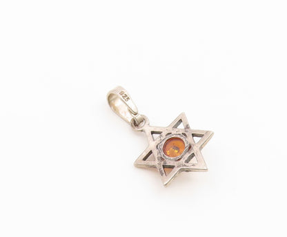 925 Sterling Silver Vintage Pendant Cabochon Amber Star of David Charm  PT26652