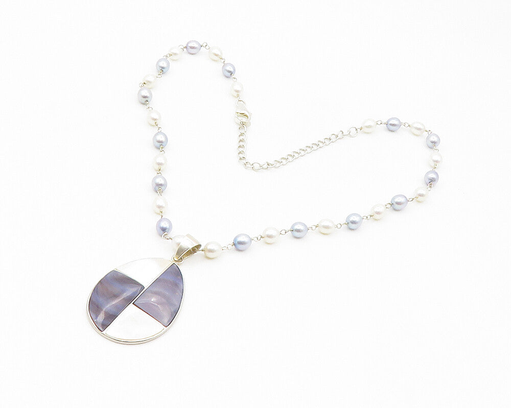 925 Silver  Blue & White Mother Of Pearl & Pearls Beaded Necklace  NE2310