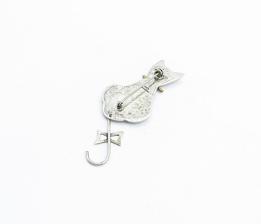 MEXICO 925 Sterling Silver  Vintage Two Tone Sitting Cat Brooch Pin  BP2385