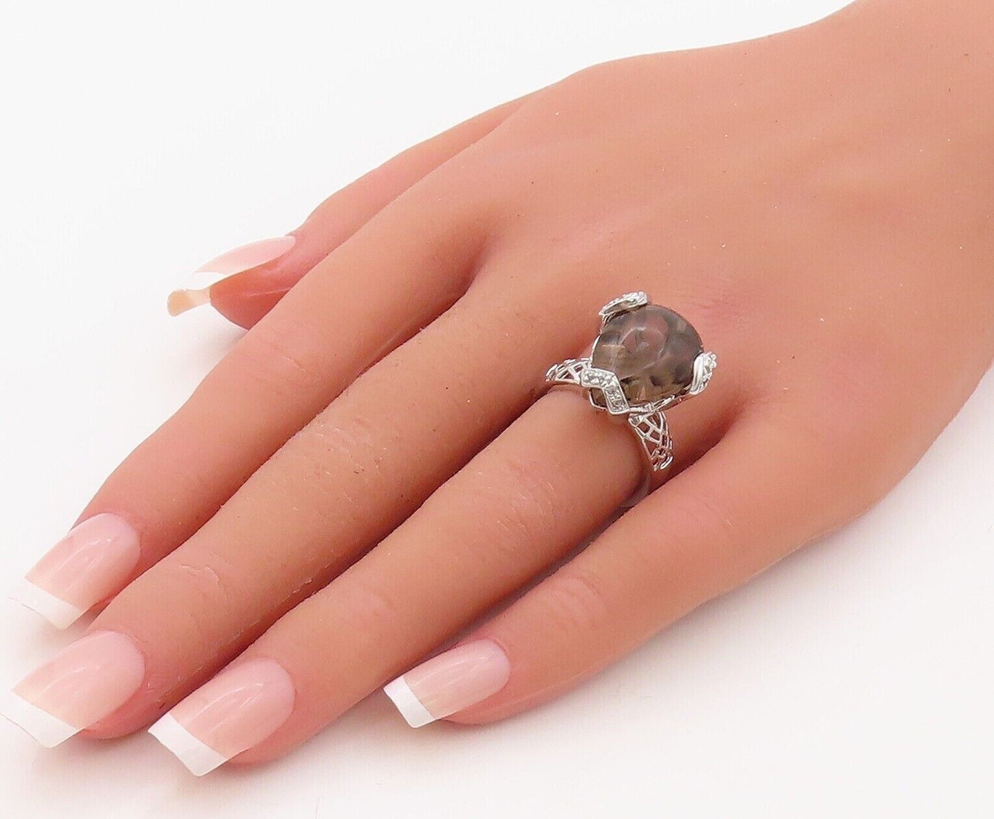 925 Sterling Silver Vintage Ring Cabochon Drop Shape Smoky Quartz  Sz 6  RG30278