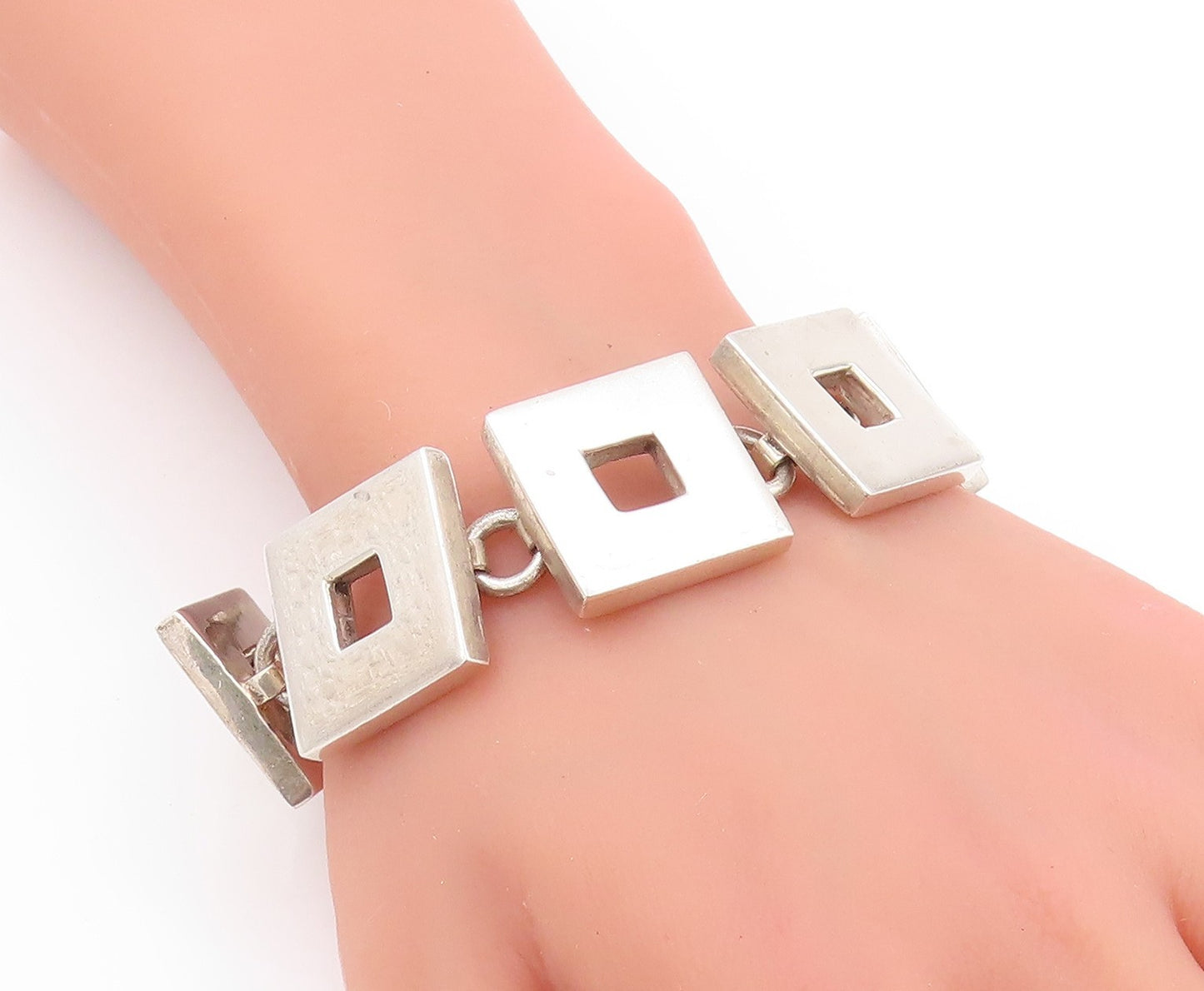 925 Sterling Silver Vintage Bracelet Large Open Square Toggle Lock  BT11275
