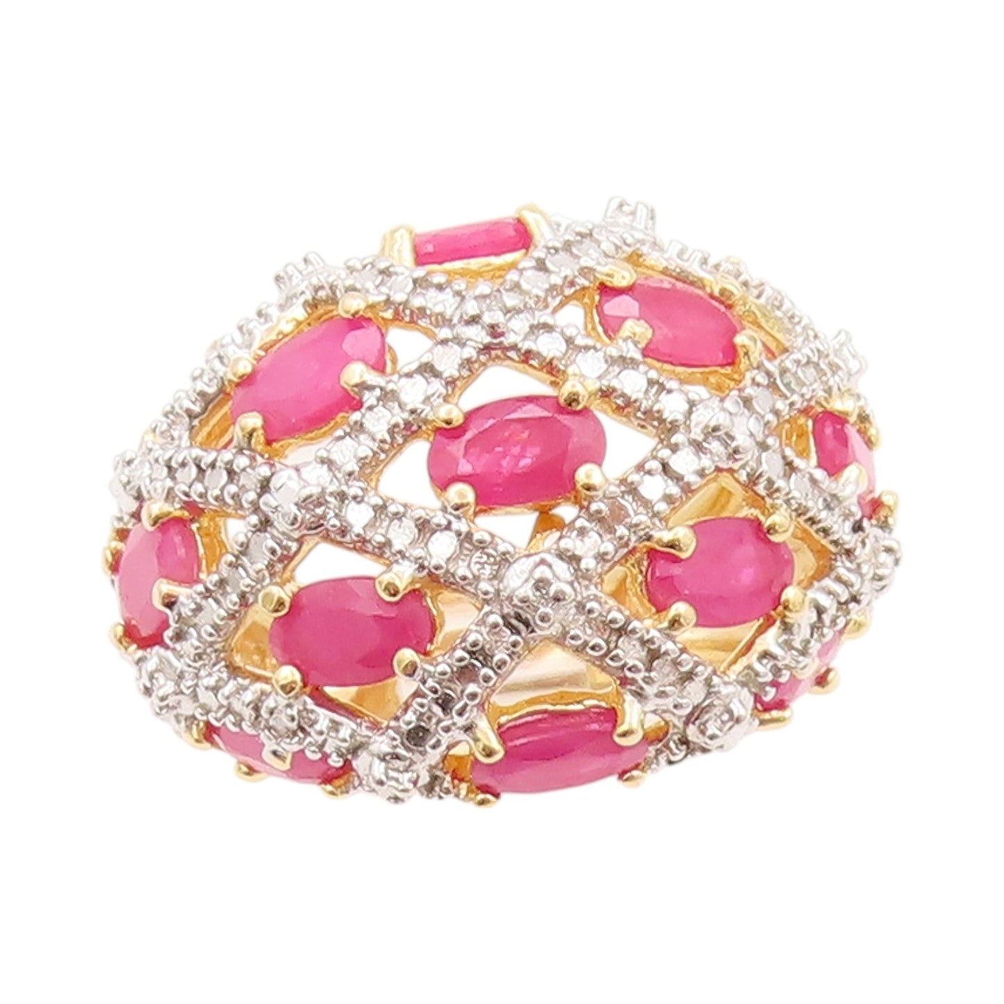 925 Sterling Silver Vintage Ring Gold Plated Oval Cut Ruby & CZ  Sz 5  RG32411