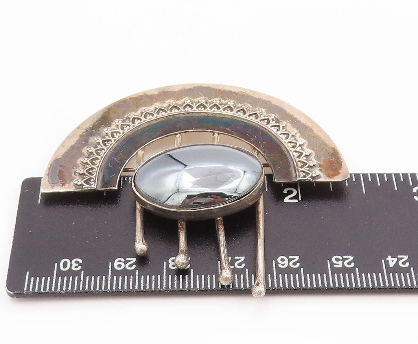 925 Sterling Silver Vintage Brooch Pin Oval Hematite Celestial Design  BP12531
