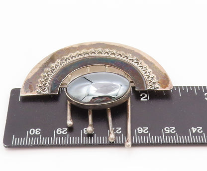 925 Sterling Silver Vintage Brooch Pin Oval Hematite Celestial Design  BP12531