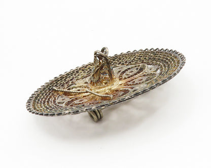 925 Sterling Silver  Vintage Filigree Detail Sombrero Hat Brooch Pin  BP5310