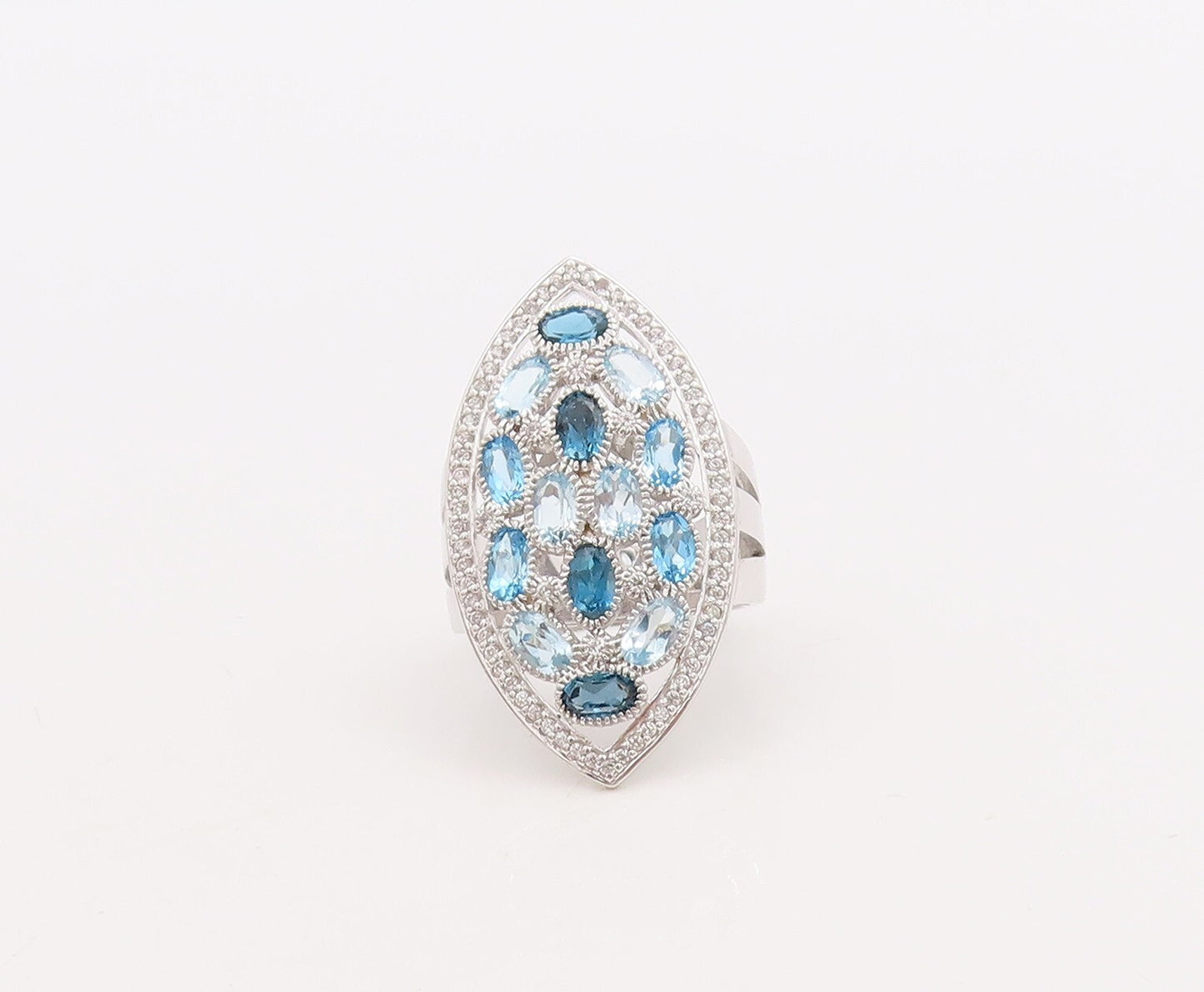925 Sterling Silver Vintage Ring Carved Oval Cut Blue Topaz Inlay  Sz 7  RG29847