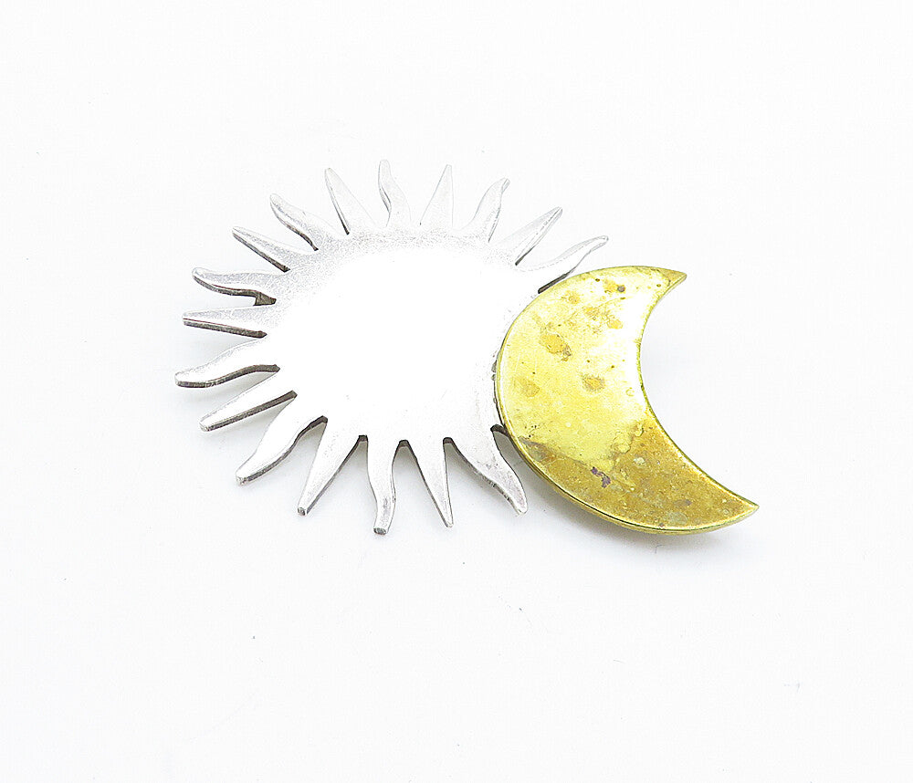 MEXICO 925 Sterling Silver Vintage Crescent Moon & Sun Brooch Pin BP2625