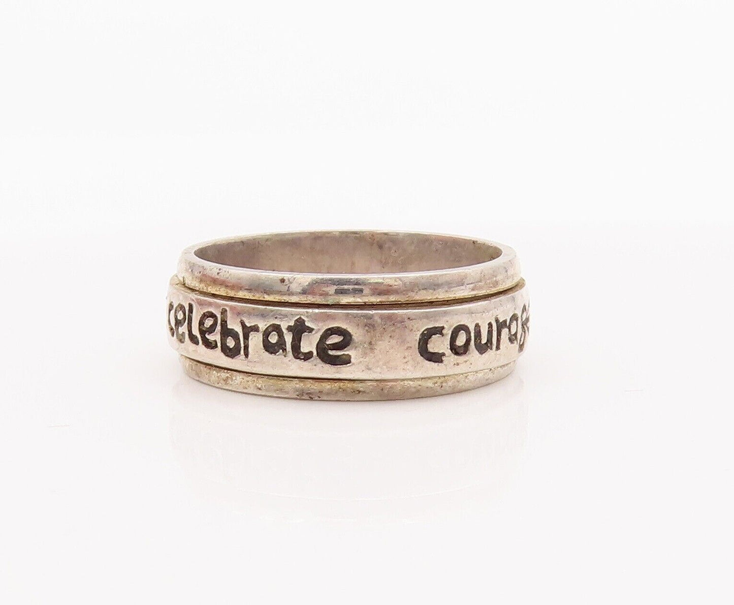 925 Sterling Silver Vintage Ring Solid Carved Celebrating Courage  Sz 8  RG28453