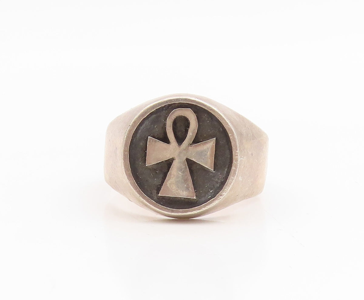925 Sterling Silver Vintage Ring Carved Egyptian Ankh Symbol  Sz 11  RG34903