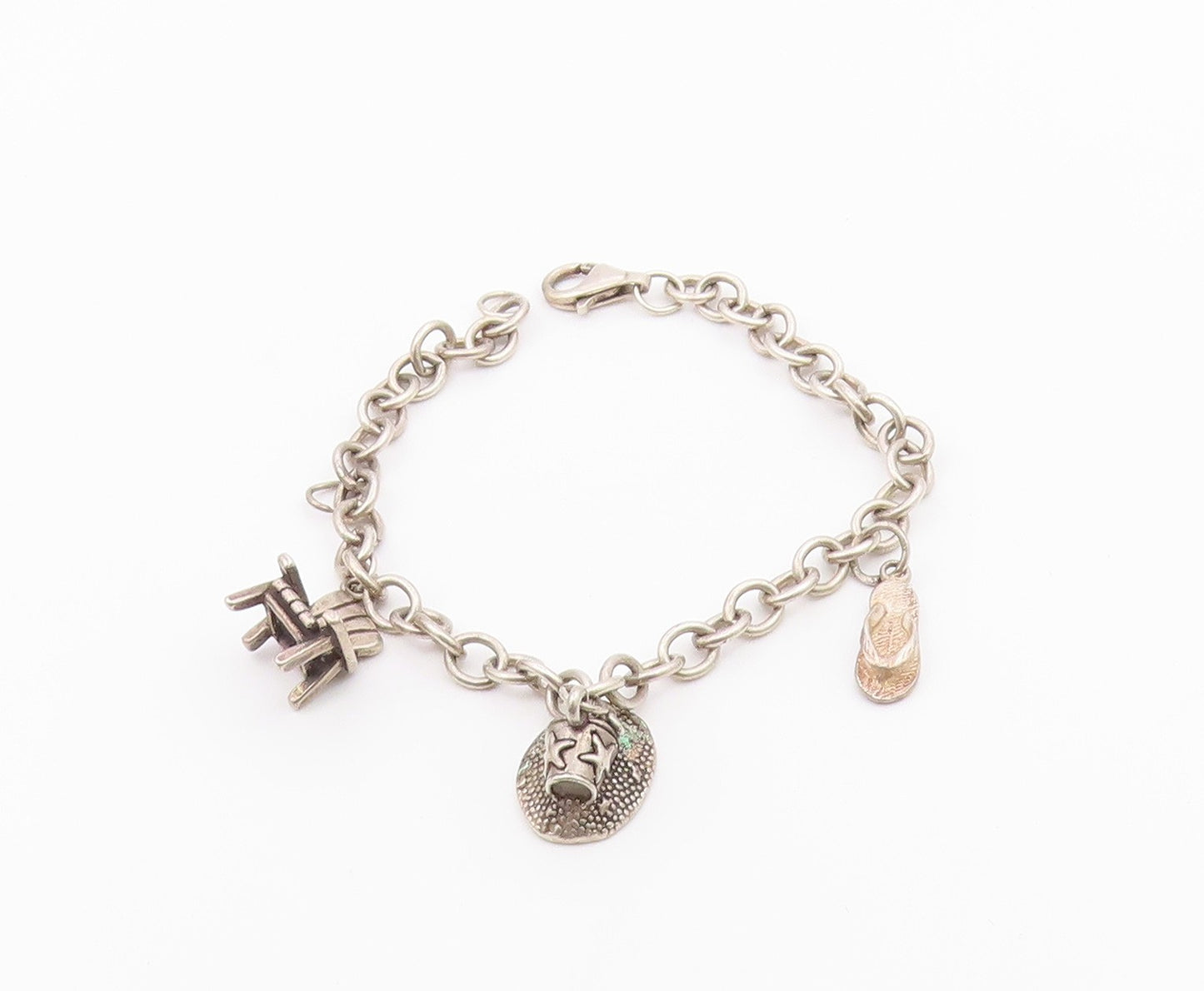 925 Sterling Silver  Vintage Beach Day Charm Round Link Chain Bracelet  BT3772