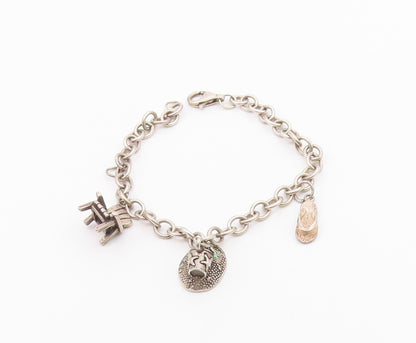 925 Sterling Silver  Vintage Beach Day Charm Round Link Chain Bracelet  BT3772