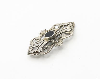 925 Sterling Silver  Vintage Inlaid Black Onyx Cutout Twist Brooch Pin  BP7323