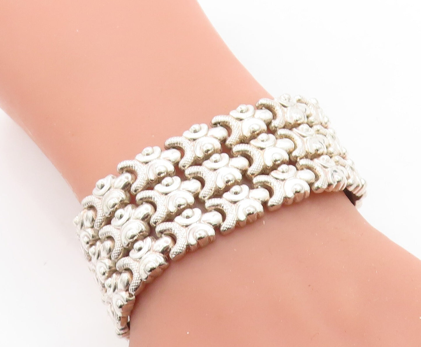 925 Sterling Silver Vintage Shiny Three Row Design Chain Bracelet BT2396