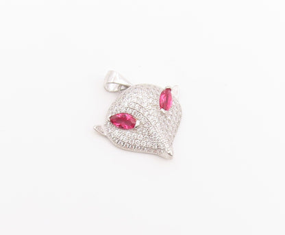 925 Sterling Silver Vintage Pendant Pink Topaz & CZ Sparkling Fox Head  PT26588