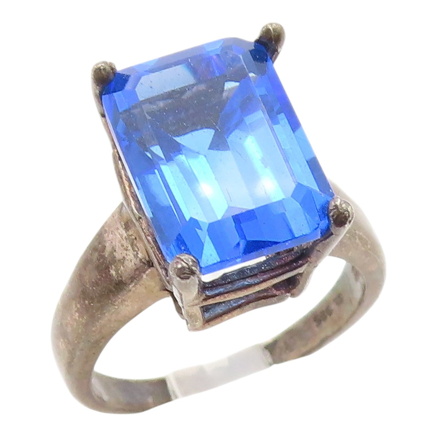 925 Sterling Silver Vintage Ring Classic Blue CZ Solitaire Band  Sz 9  RG35481