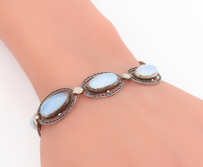 925 Sterling Silver Vintage Bracelet BEAU Antique Cabochon Cat Eye Link  BT11515