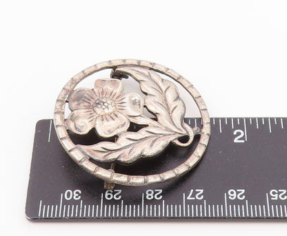 925 Sterling Silver  Vintage Single Flower Motif Round Brooch Pin  BP3785