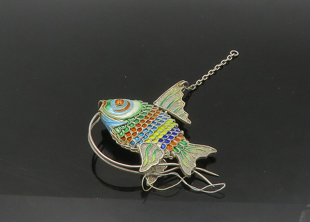 925 Sterling Silver  Vintage Hollow Enamel Fish Pendant (MOVES)  PT17733