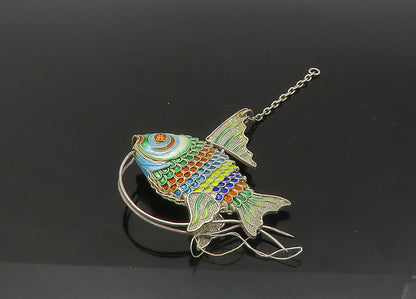 925 Sterling Silver  Vintage Hollow Enamel Fish Pendant (MOVES)  PT17733