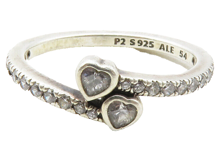PANDORA 925 Silver  Cubic Zirconia Love Heart Bypass Band Ring Sz 6  RG12619