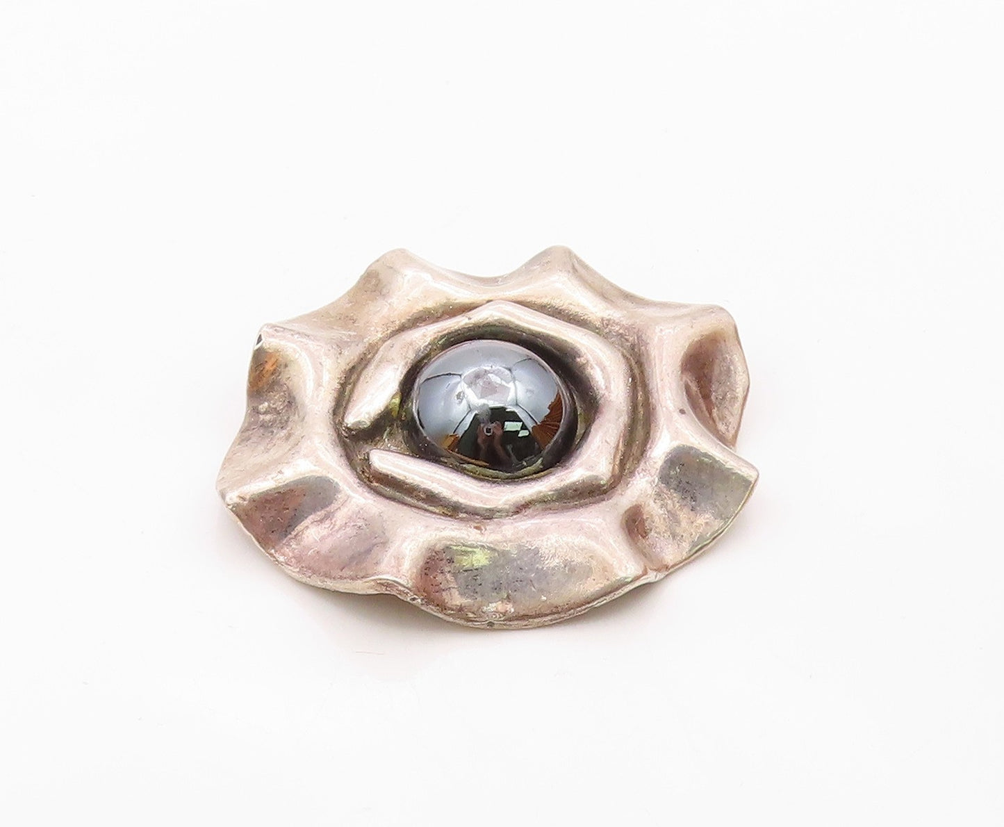 925 Sterling Silver  Vintage Hematite Dome Sculpted Shiny Pendant  PT17016