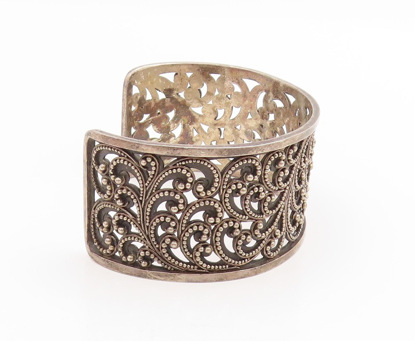 925 Sterling Silver Vintage Bracelet Lois Hill Beaded Scrollwork Cuff  BT11440