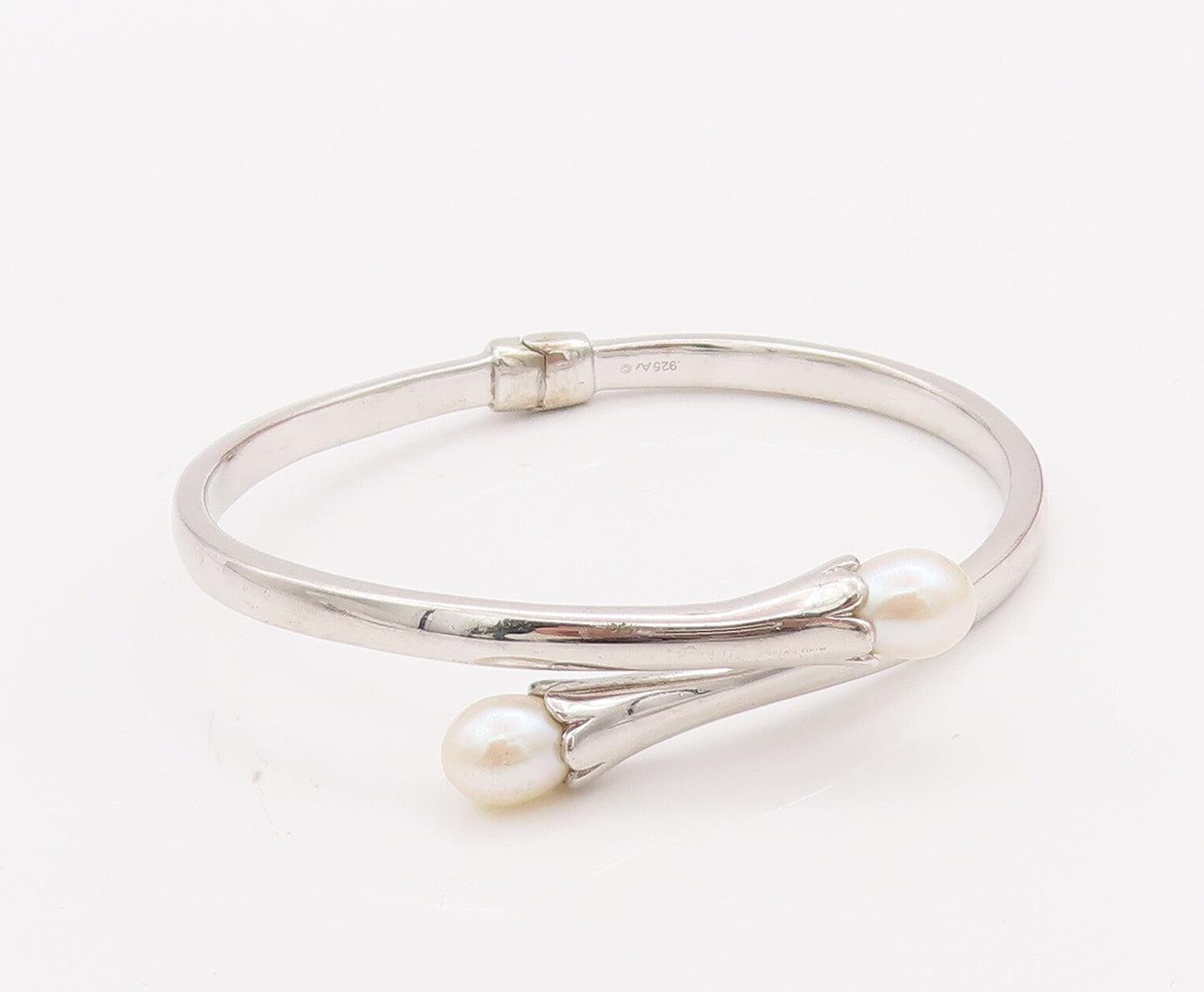 925 Sterling Silver Vintage Bracelet Hinged Solid  Pearls Beaded bypass  BT10317