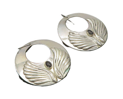 925 Silver  Vintage Black Onyx Angel Wings Round Heavy Drop Earrings  EG10008