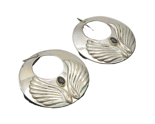 925 Silver  Vintage Black Onyx Angel Wings Round Heavy Drop Earrings  EG10008